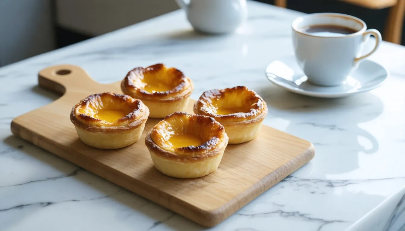 Pastéis de nata acabados de sair do forno, com um café ao lado