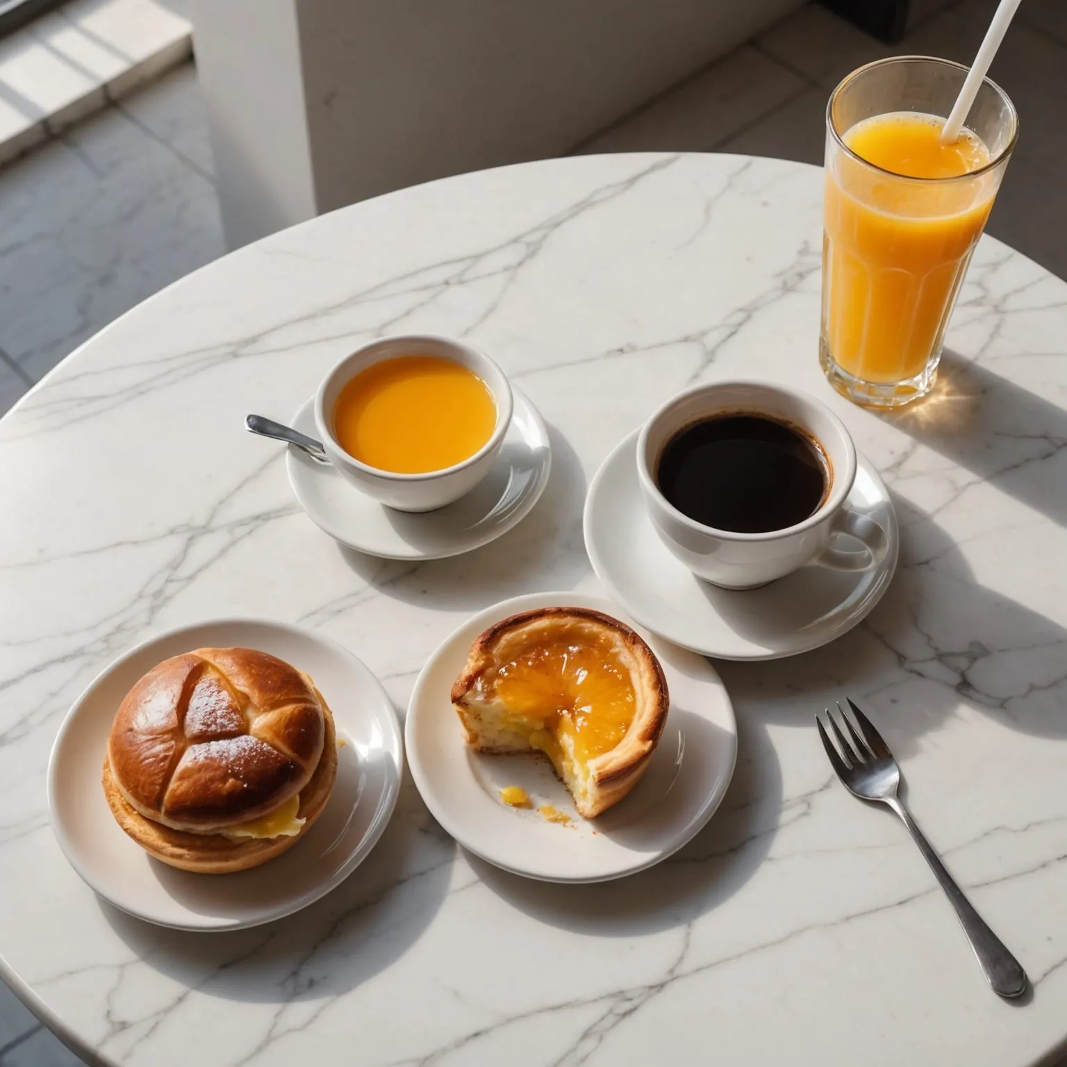 Pequeno-almoço com café, pastel de nata, pão torrado e sumo de laranja