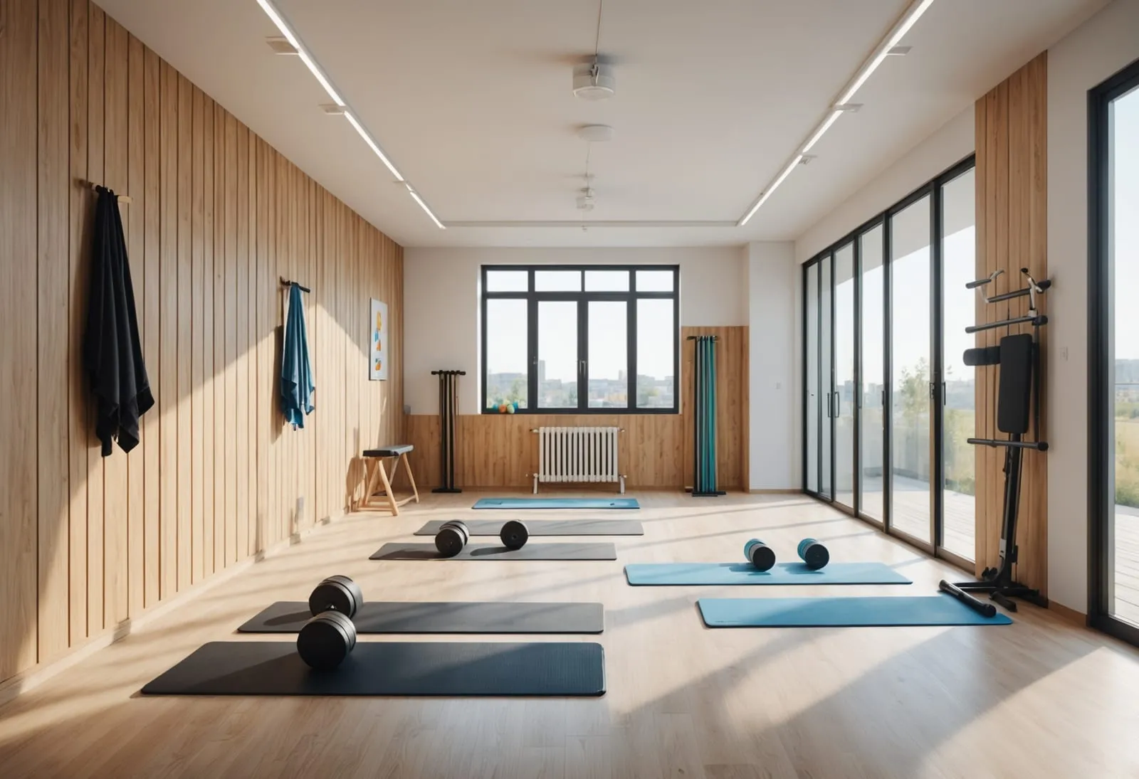 Sala de exercício terapêutico com tapetes, halteres e espaldar