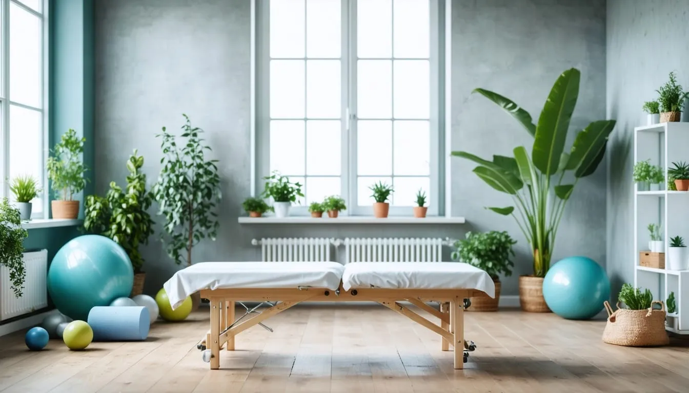 Sala de fisioterapia luminosa, com marquesa, plantas e material de exercício