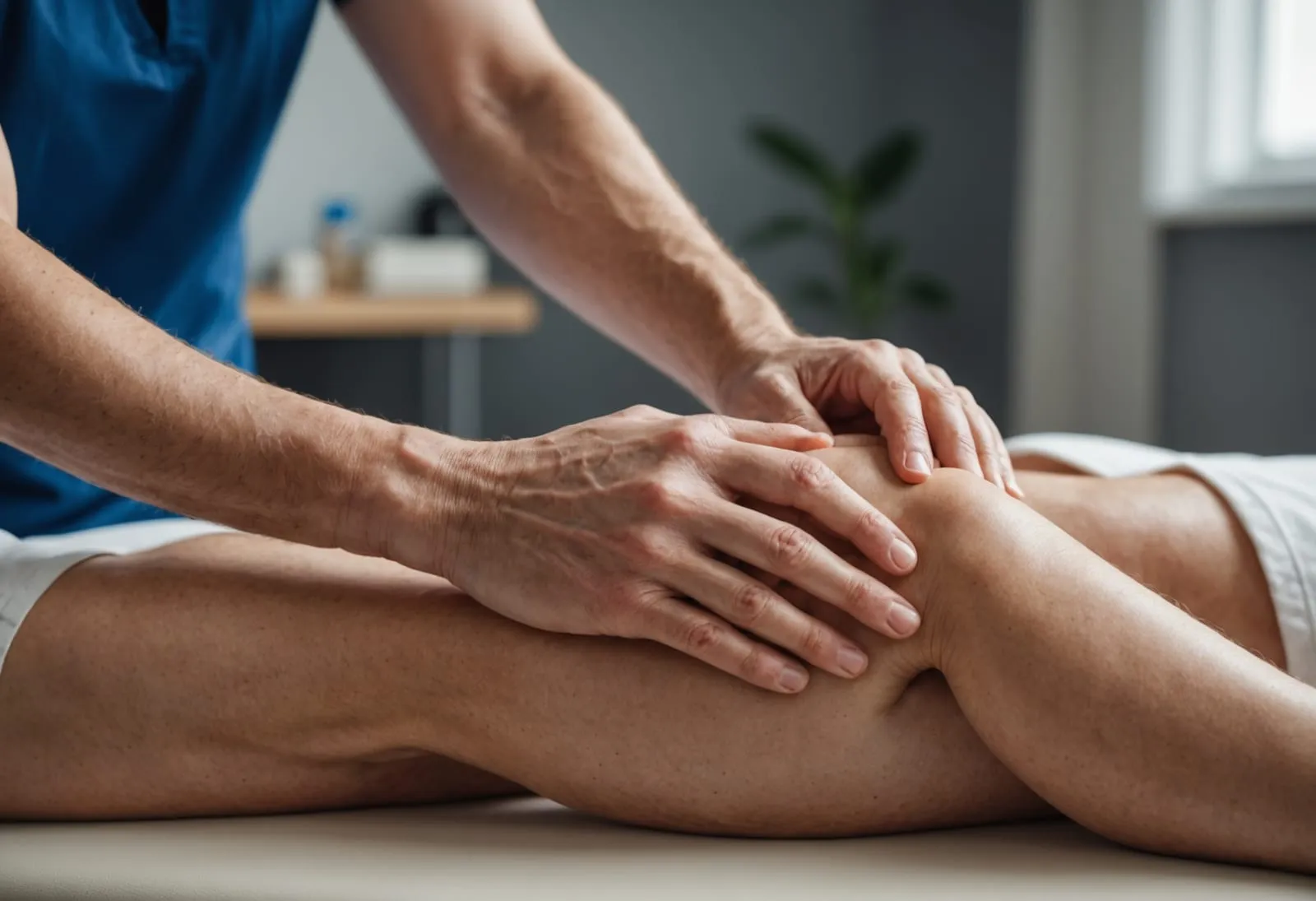 Fisioterapeuta a tratar o joelho de um paciente