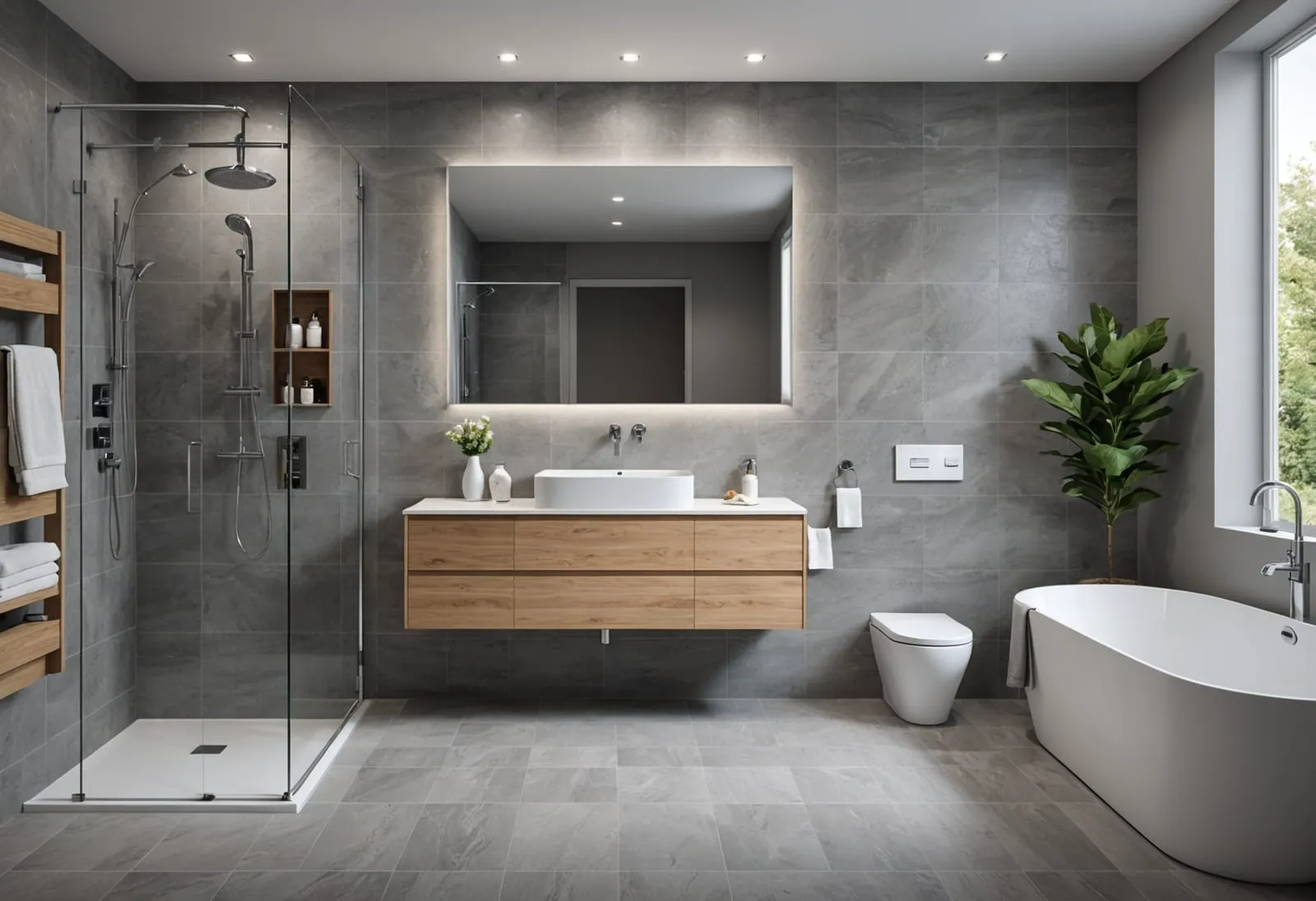 Casa de banho remodelada, com duche em vidro, revestimento cinzento e móvel de madeira