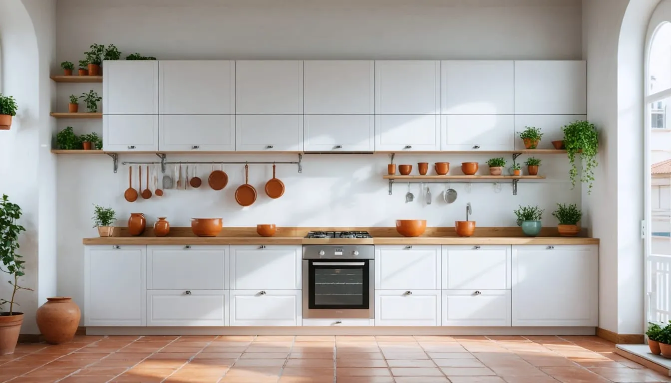 Cozinha remodelada, com móveis brancos, bancada de madeira e chão de tijoleira